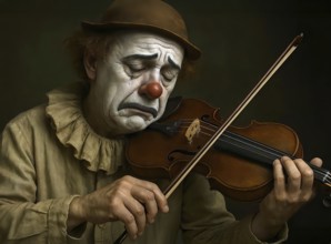 A sad clown with a tear on his face plays the violin, symbolic picture sad, music, musical clown,