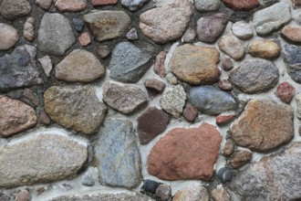 Stone wall made of large, textured stones in earthy tones