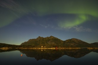Northern lights are reflected in the fjord in Norway. Aurora Borealis over FestvÃ¥g near BodÃ¸,