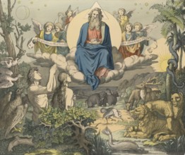 Biblical story, The Creation of the World, illustration, reproduction from a 19th century model.