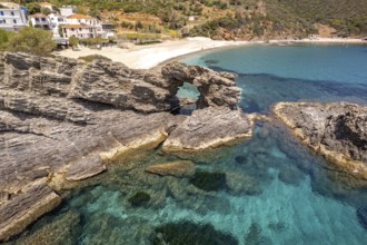 Rocky hole on Kalamos beach seen from the air, Euboea or Evia island, Greece