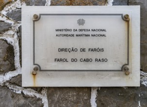 Information sign at the locked entrance to Farol de Cabo Raso lighthouse, SÃ£o Bras de Sanxete