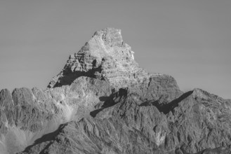 Mountain panorama from the Koblat-HÃ¶henweg on the Nebelhorn across the Obertal with lush green