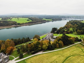 Autumn over Plas Newydd House from a drone, Gardens and Parkland, Llanfairpwllgwyngyll, Anglesey,