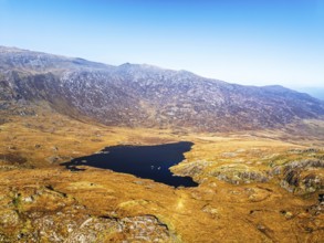 Autumn colours over Llyn Cwmffynnon and Miner's Track, Start Point, road A4086 from a drone,