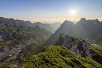 View over Alpstein Mountains into the Meglisalp Valley at sunrise, Rotstein Pass, SÃ¤ntis,