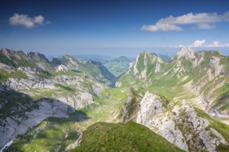 View over Alpstein Mountains into the Meglisalp Valley, Rotstein Pass, SÃ¤ntis, Appenzell,