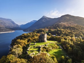 Autumn over Ruins of Dolbadarn Castle from a drone, Llanberis, Llywelyn, North Wales, UK