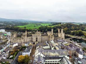 Caernarfon Castle from a drone, Caernarfon, Gwynedd, North-West Wales, UK