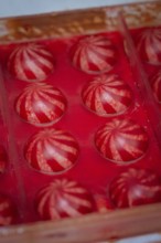 Close-up of detailed red balls in a mold, Christmas baking, Haselstaller Hof, Wildberg, Calw