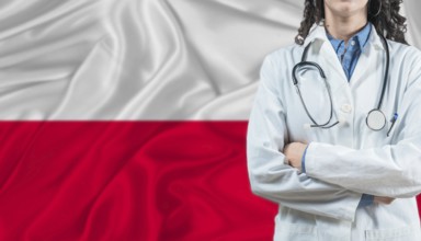 Medical professional on Poland flag. Healthcare and wellness in Poland, Concept