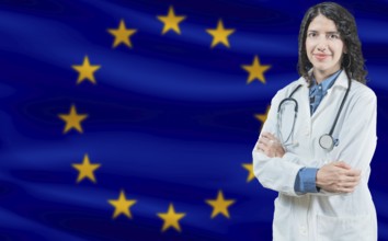 European Union medicine and healthcare concept Doctor close up against European Union flag