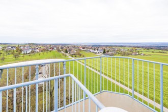 View from the tower of extensive fields and a village, DÃ¼rrenmettstetten observation tower, Sulz