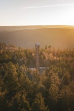 A tower rises above autumn-colored forests in sunlight, Hohe Warte Observation Tower, Hohenwart,