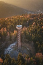 A view of an observation tower surrounded by autumn trees at sunrise, Hohe Warte observation tower,