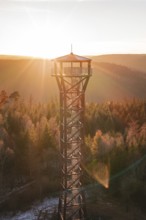 A tower glows in the morning light above the colorful autumn forest, Hohe Warte observation tower,