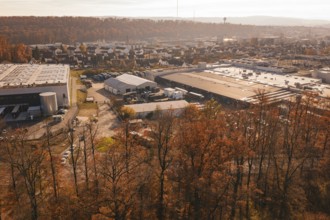 Industrial plant on the outskirts of town, surrounded by autumnal forest and light haze,