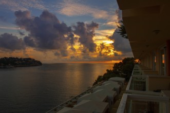 Sunset, view from hotel balcony, Santa Ponsa Bay, Majorca, Spain