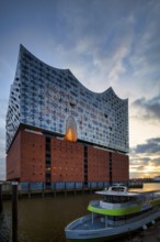 Excursion boat in front of the glass faÃ§ade of the Elbe Philharmonic Hall, Elphie, plaza, viewing