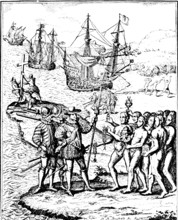Columbus arrival on Hispaniola in 1492 and first encounter with indigenous Aztec population, three