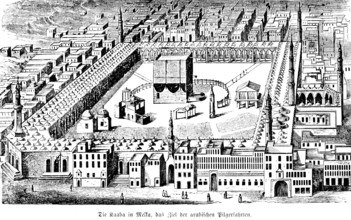 Kaaba in Mecca, destination of Islamic pilgrims, duty of pilgrimage, square building, cuboid,
