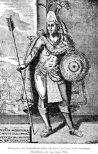 Portrait of the Aztec ruler Moctezuma, captured in 1519 by HernÃ¡n CortÃ©s, depiction from 1715,