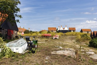 Settlement, traditional houses with red tile roofs, distinctive smokehouse chimneys, FrederiksÃ¸,