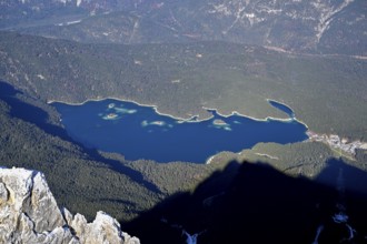View of Lake Eibsee lake from the mountain station of the Zugspitz cable car (2962 m), Grainau