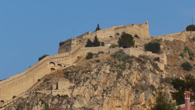 Palamidi Fortress, Mighty castle on a rocky hill under clear sky, Nauplion, Nafplion, Peloponnese,