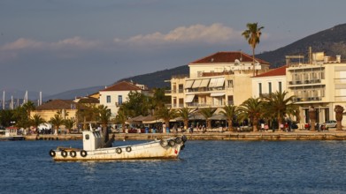 Port of Nauplion, A boat in a quiet harbor with coastal buildings and palm trees in the background,