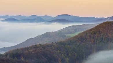 View from the Gisliflue of the Jura foothills covered in fog, in the light of dawn, Talheim,