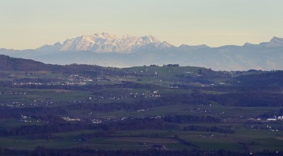 View from Horben to the Mittelland, in the back the Alpstein with the SÃ¤ntis, Beinwil Freiamt,