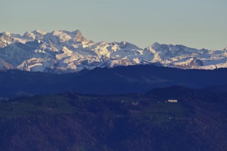 View from Horben of Zugerberg and the snow-covered BÃ¤chlistock, Beinwil-Freiamt, Canton, Aargau,