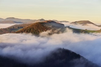 View from the Gisliflue of the Jurassic foothills covered in fog from the left, Wasserfluh,