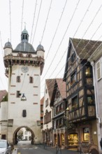 Clock tower and artfully painted half-timbered houses, Tour de l'Horloge, SÃ©lestat, Schlettstadt,