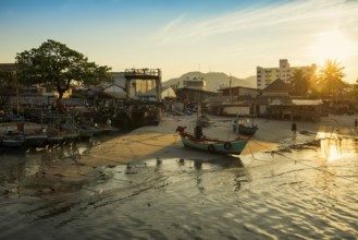 Colorful fishing boats on beach, sunset, Hua Hin, Prachuap Khiri Khan, Central Thailand, Thailand