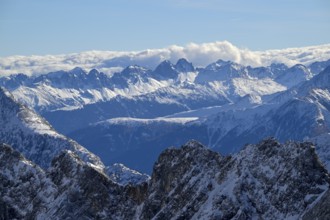 View of the Wetterstein Mountains from the mountain station of the Zugspitz cable car (2962 m),