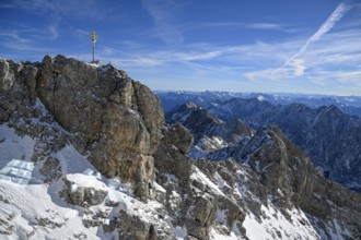 Zugspitze summit cross (2962 m), in the background the Wetterstein Mountains, Grainau municipality,