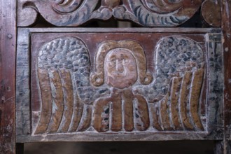 Angel, wooden relief, cradle, BjÃ¸rnstad, farm from VÃ¥gÃ¥, Maihaugen open-air museum with houses