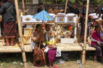 Festively dressed woman and men at a cremation ceremony (Ngaben), Ubud, Bali, Indonesia