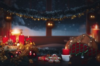 Winter scene with candles, gingerbread man, gifts and Christmas decoration