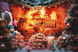 A plate of cookies and a glass of milk next to a Christmas tree and toys in front of a fireplace