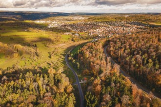 Colourful autumn landscape with a road leading through a village in hilly terrain, under a cloudy