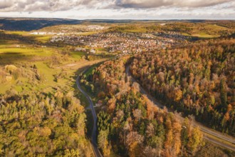 Autumn landscape from the air with colorful forest and city on the horizon under cloudy sky, new