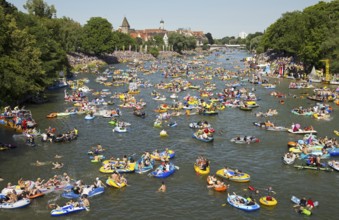 Themed boats at the Nabada boat parade on Schwörmontag, a traditional Ulm holiday, Danube, Ulm,