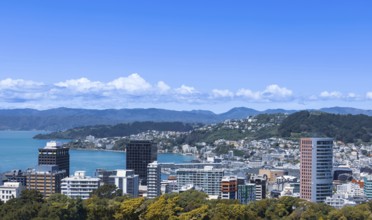 Panoramic skyline of Wellington downtown harbor, financial center and Lambton harbor