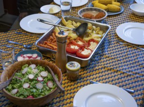 Different dishes on a set table, Mecklenburg-Vorpommern, Germany