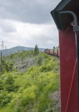 The locomotive of the historic Brocken Railway with several red and white wagons travels from Drei