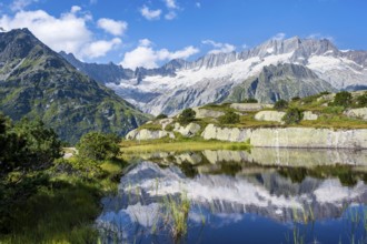 Picturesque mountain landscape, dammastock and damma glaciers reflected in Moorsee, GÃ¶scheneralp,