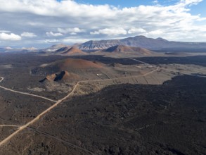 Volcanic landscape with craters and lava fields near El Golfo, aerial view, Lanzarote, Canary